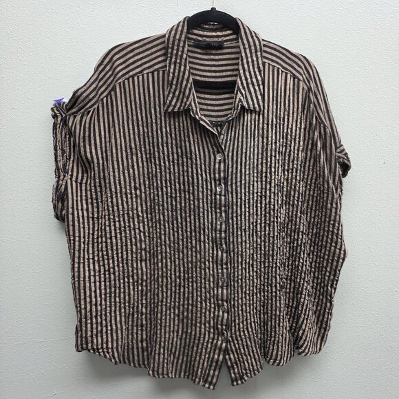 Jane Delancey Shirt Womens 3X Black Tan Stripe Crinkle Button Front Plus Size - Picture 1 of 10